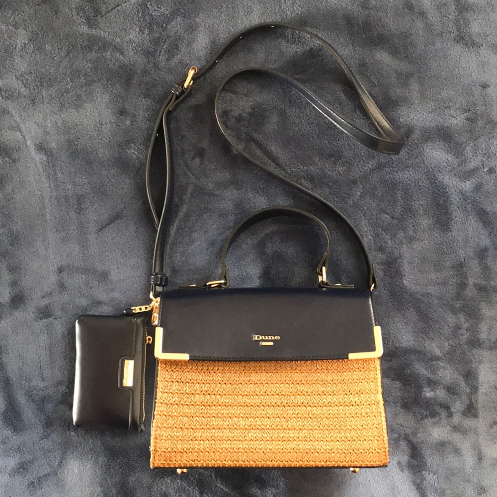 Dune London Purse, navy blue and tan woven exterior.